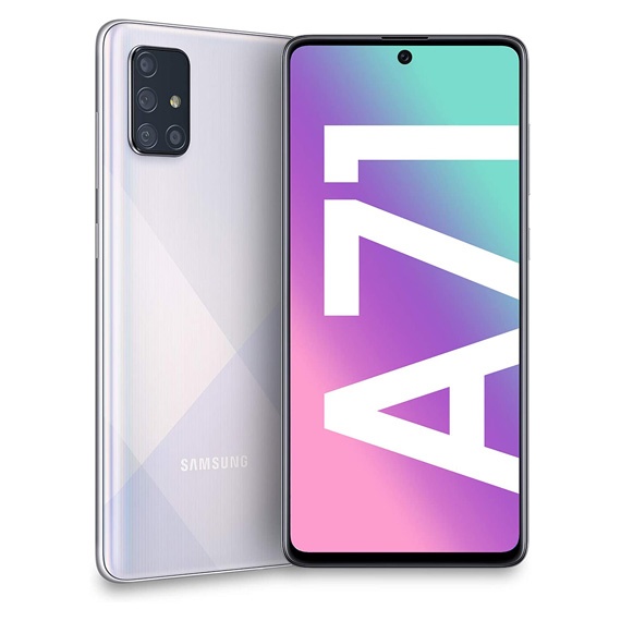 This is a silver Samsung Galaxy A71